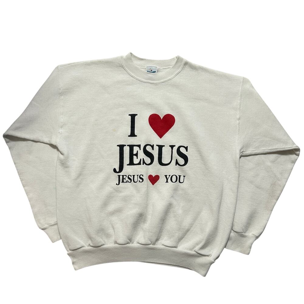 VTG 80’s I Love Jesus Crewneck Pullover Sweatshirt Men’s XL White
